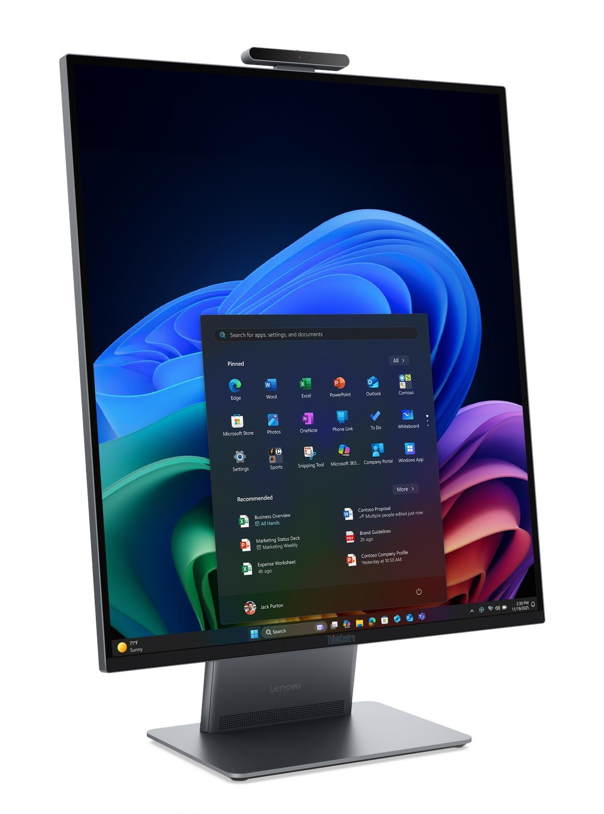 Un computer all-in-one Lenovo ThinkCentre mostra Windows 11 con una webcam.