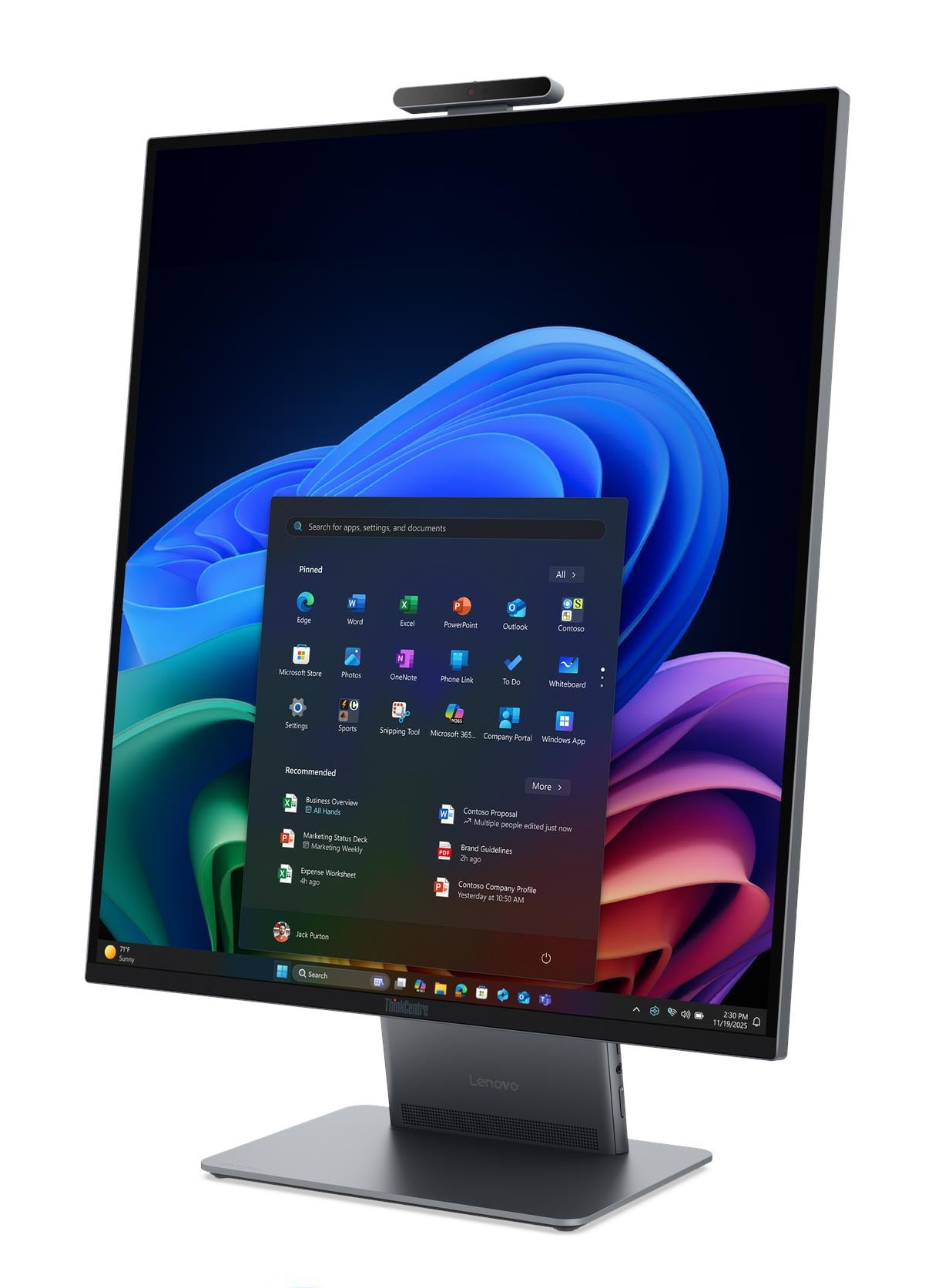 Un computer all-in-one Lenovo mostra Windows 11 con il menu Start aperto.