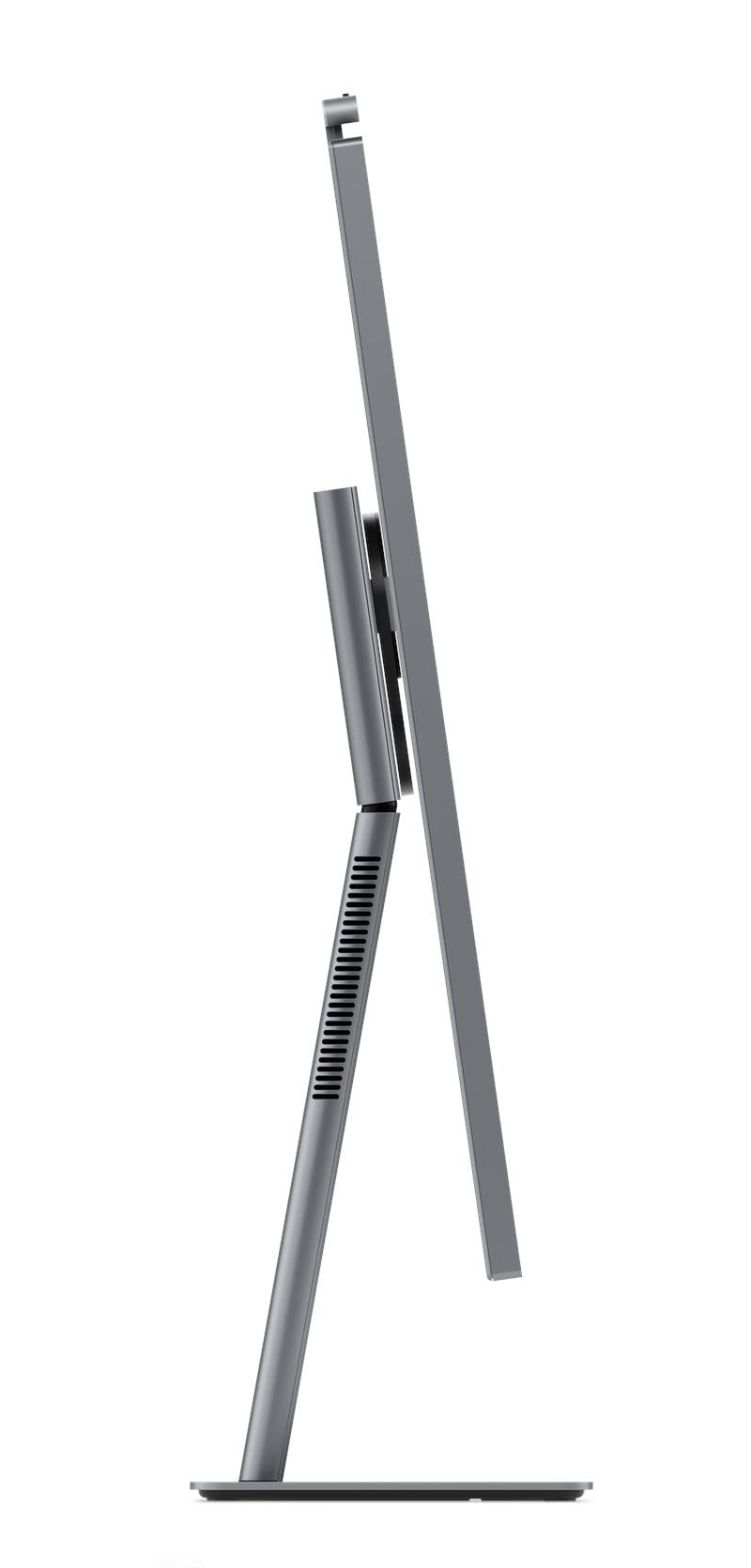 Supporto monitor grigio con fessure di ventilazione, visto di lato.
