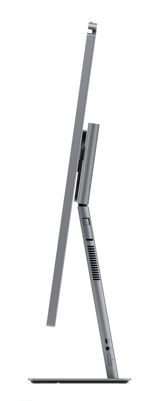 Un laptop argentato, visto di lato, su sfondo bianco.