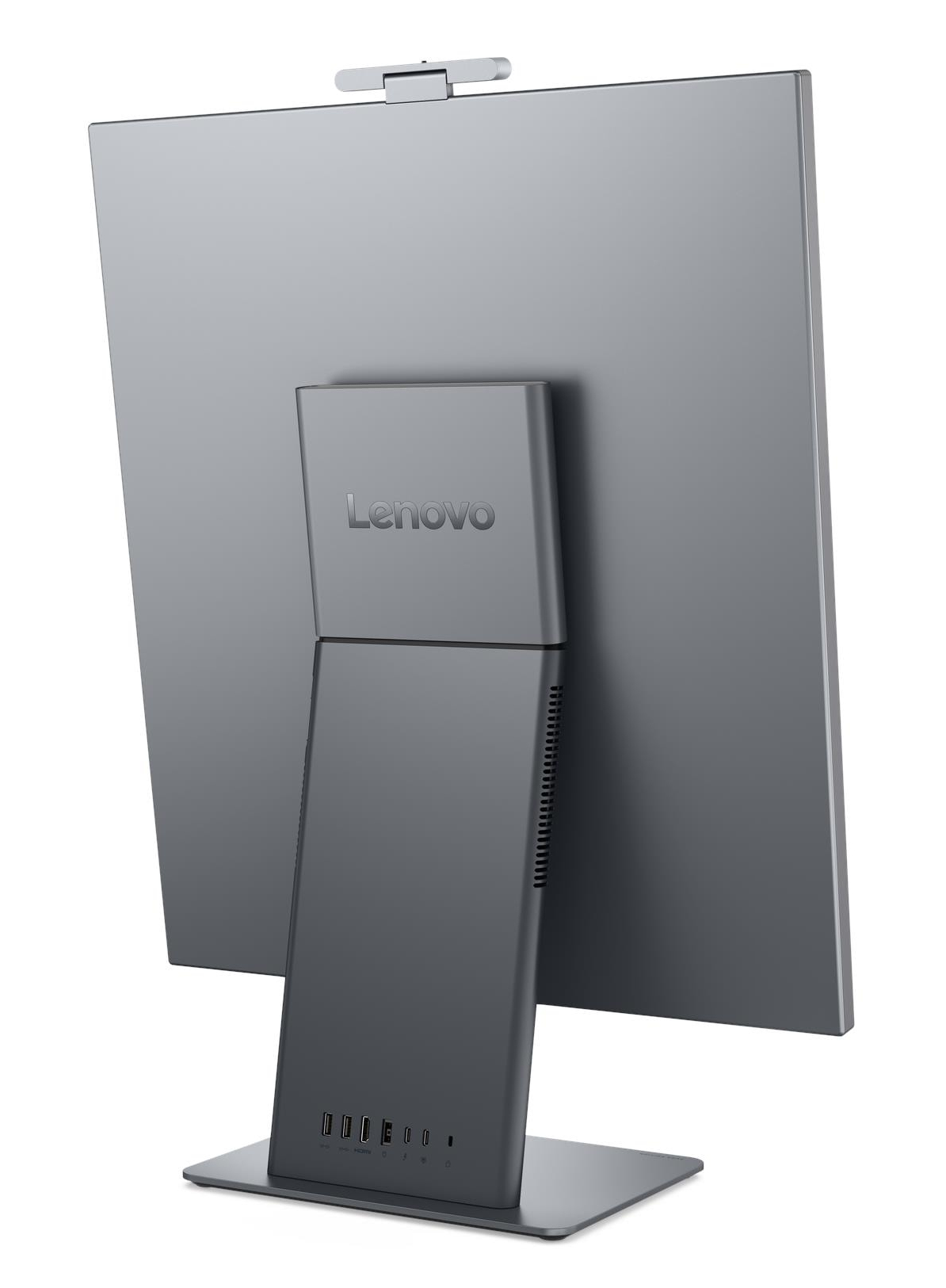 Vista posteriore di un computer all-in-one Lenovo grigio con webcam e porte.