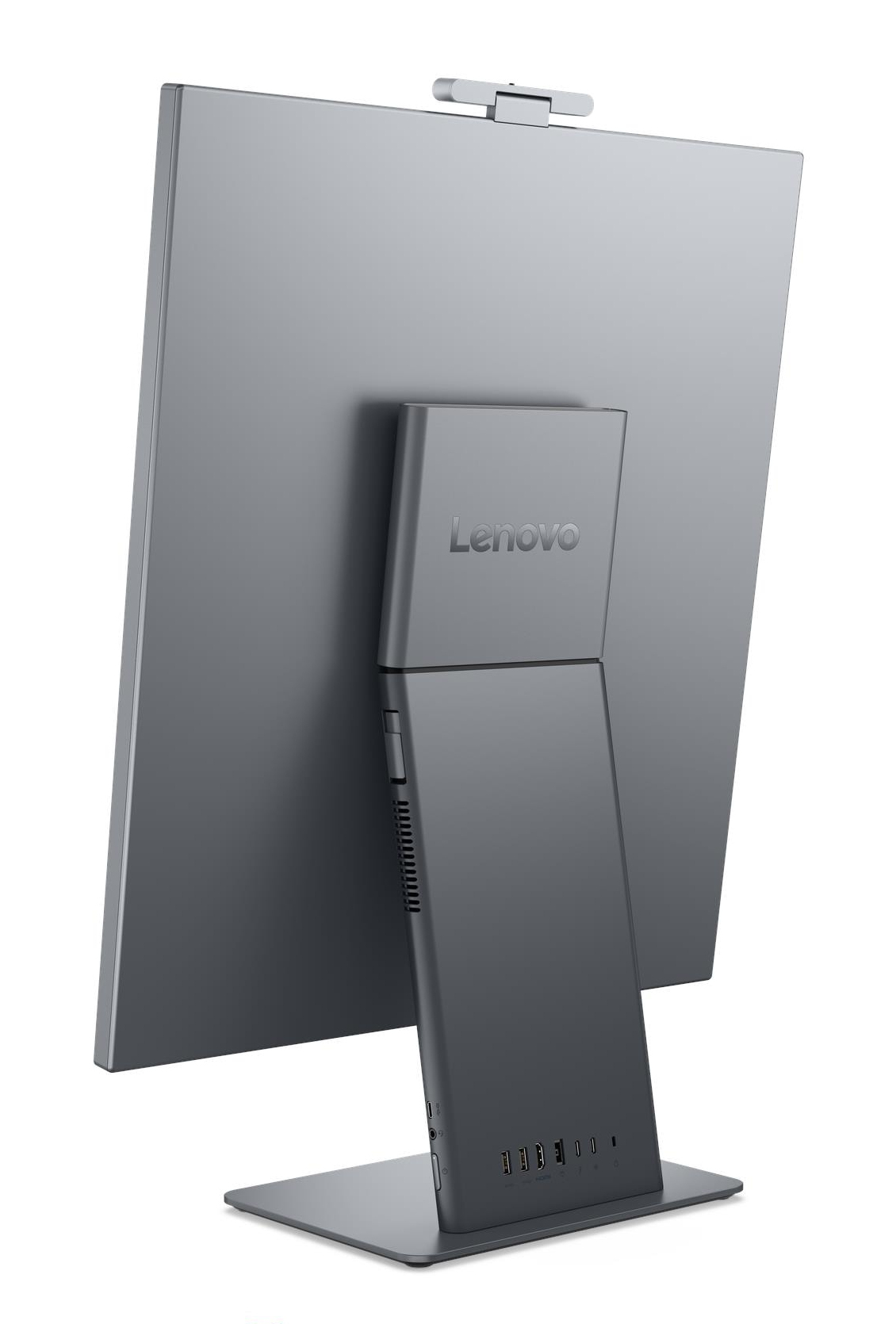 Vista posteriore di un computer grigio all-in-one Lenovo con fotocamera integrata e porte USB.