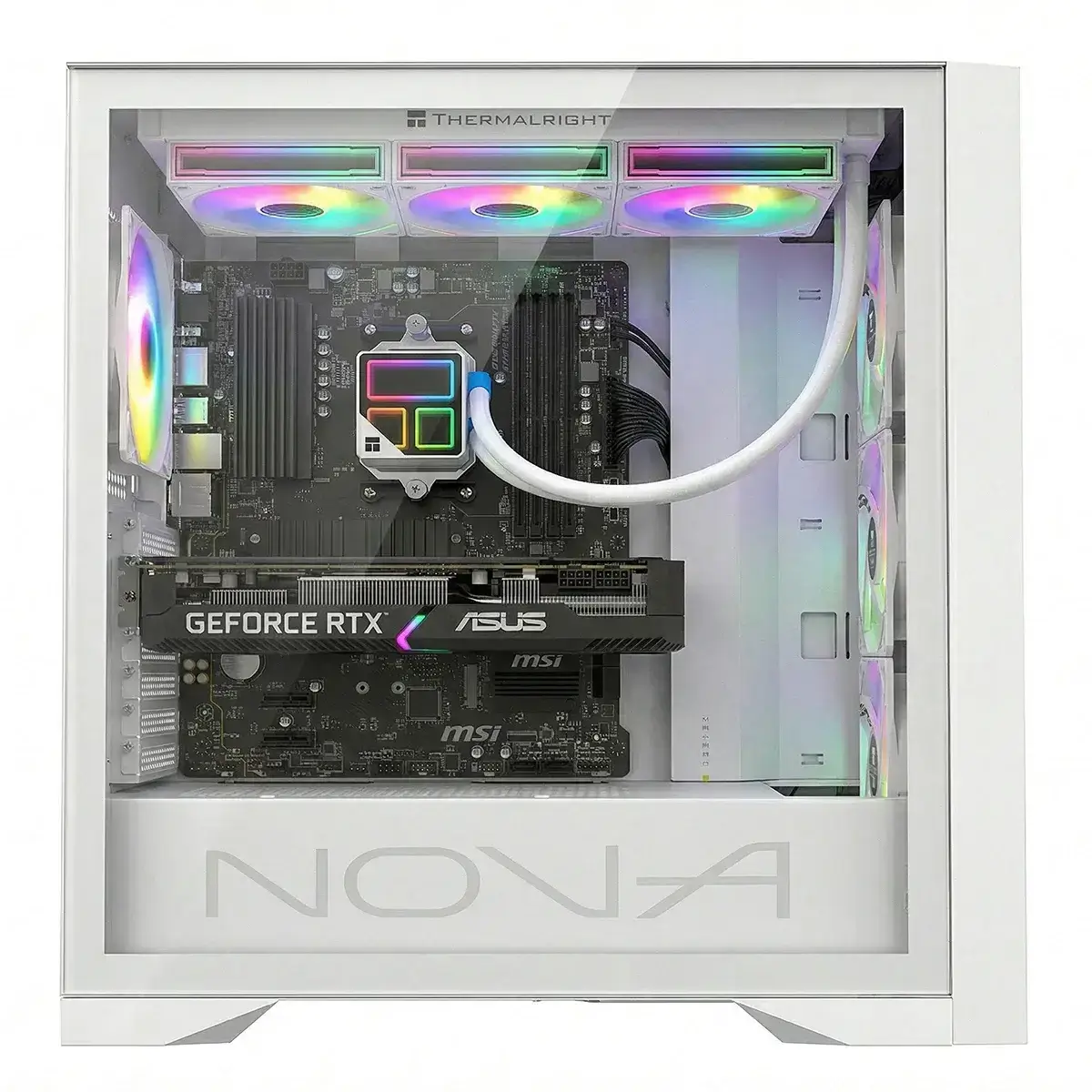 Caja de PC blanca con componentes internos: placa base, GPU, ventiladores con iluminación RGB.