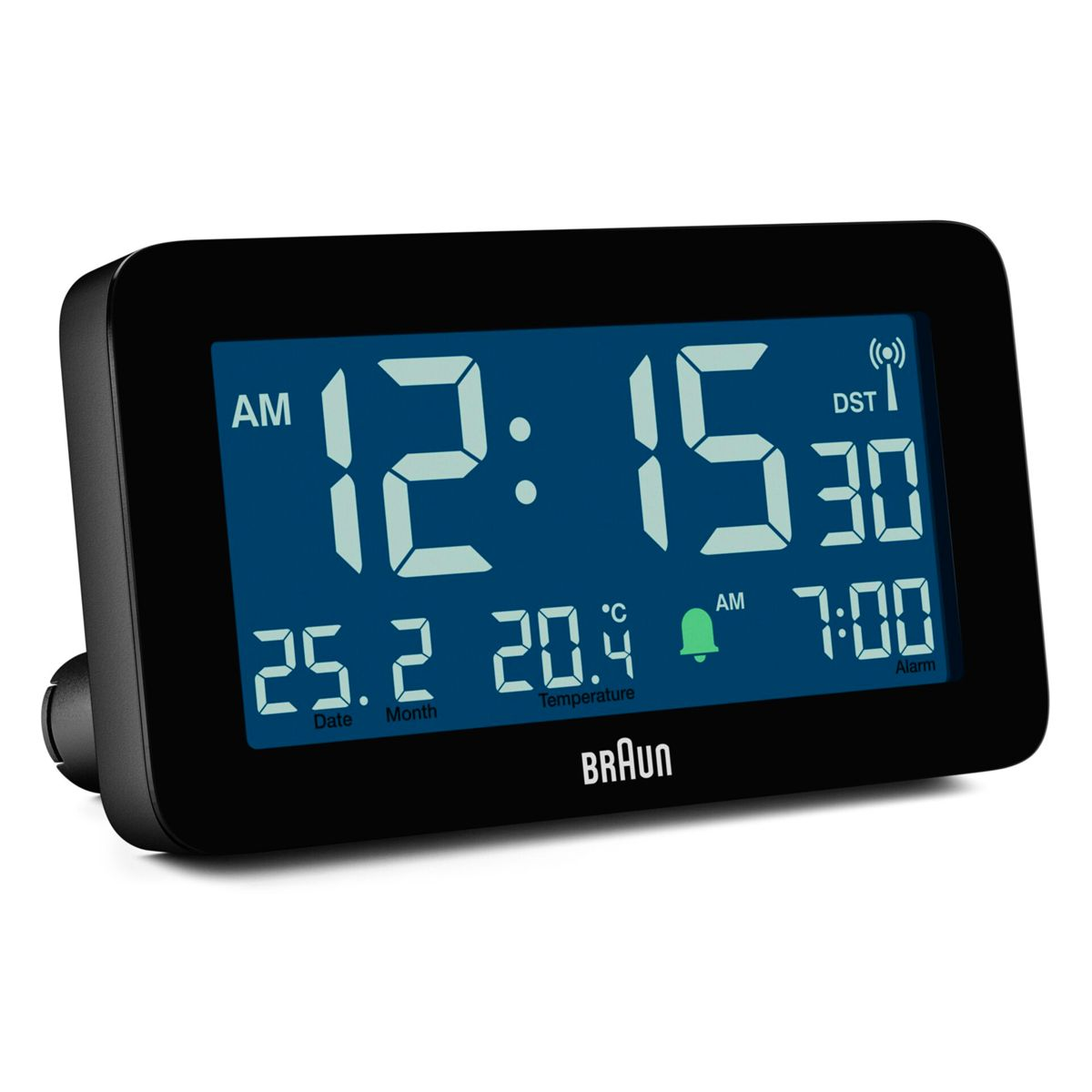 Reloj digital muestra 12:15:30, fecha, 25.2°C temp. y hora alarma 7:00 AM.
