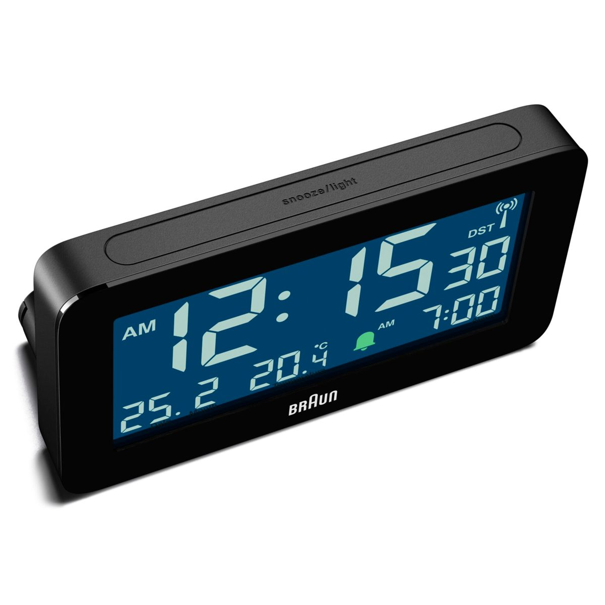 Reloj despertador digital con pantalla azul mostrando 12:15:30 y 7:00 AM, 25.2°C.