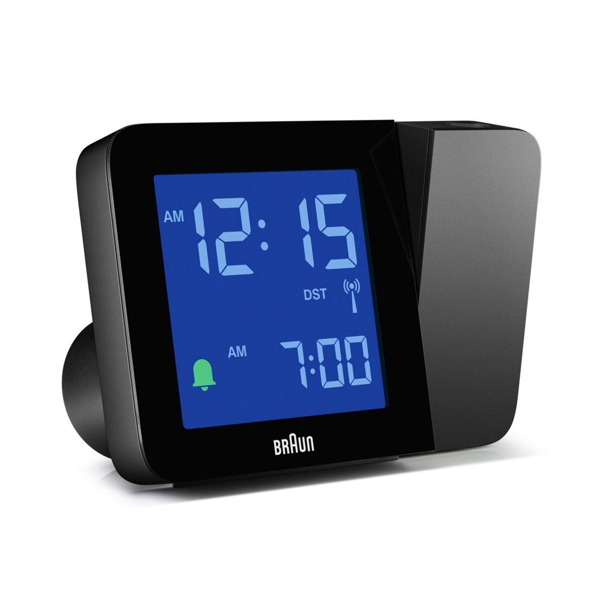 Un despertador de proyección Braun negro con pantalla digital azul muestra 12:15 y 7:00.