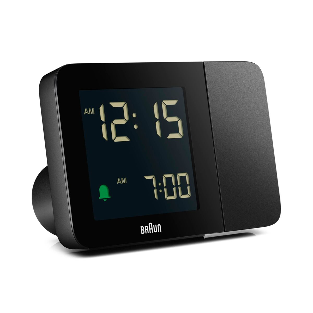 Despertador digital negro con pantalla brillante que muestra 12:15 y 7:00.