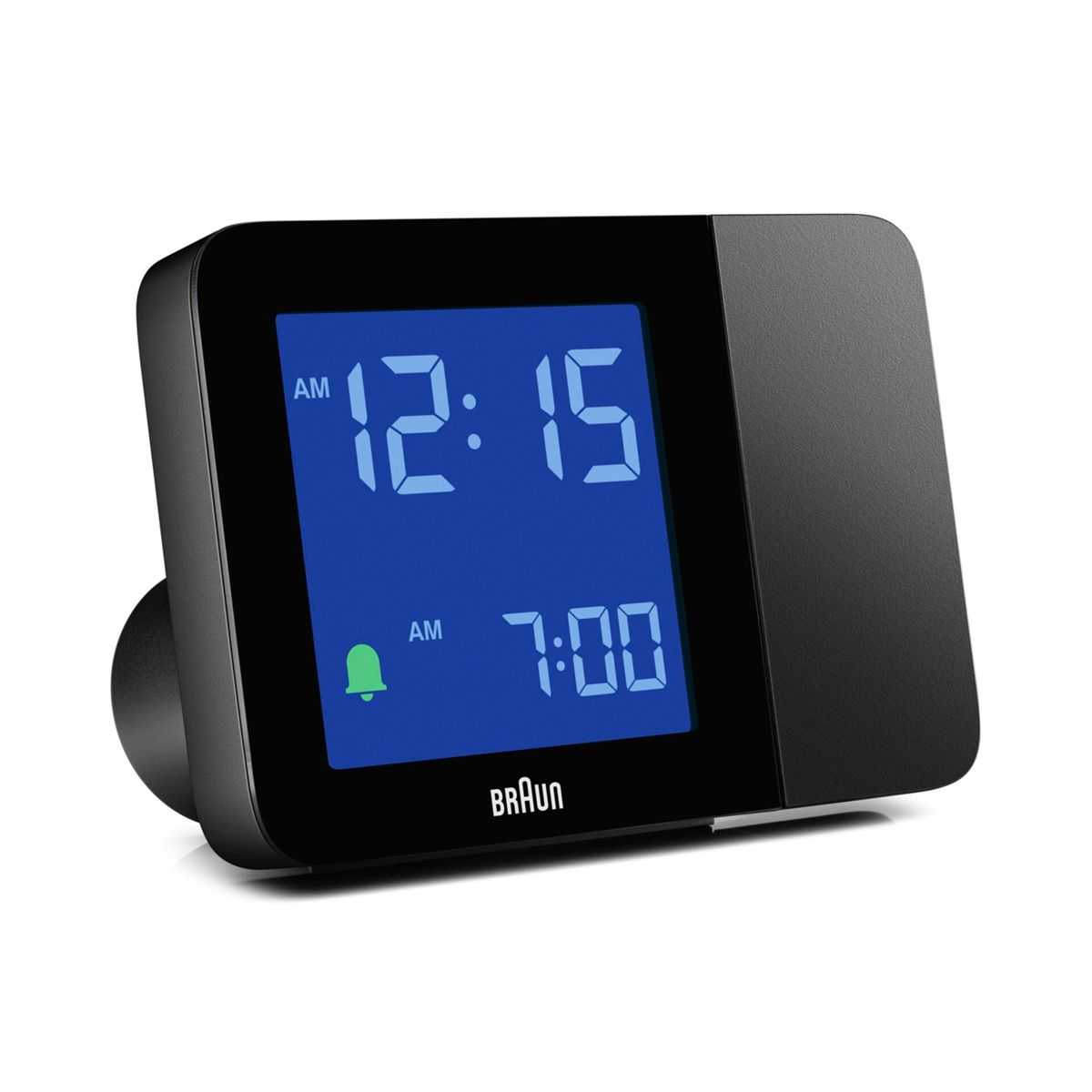 Reloj despertador digital negro con pantalla azul, muestra 12:15 y 7:00 AM.