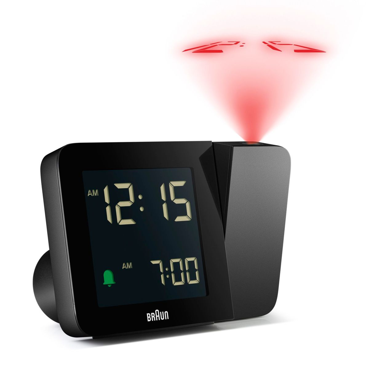 Reloj despertador digital negro con luz de proyección roja mostrando 12:15 y 7:00.