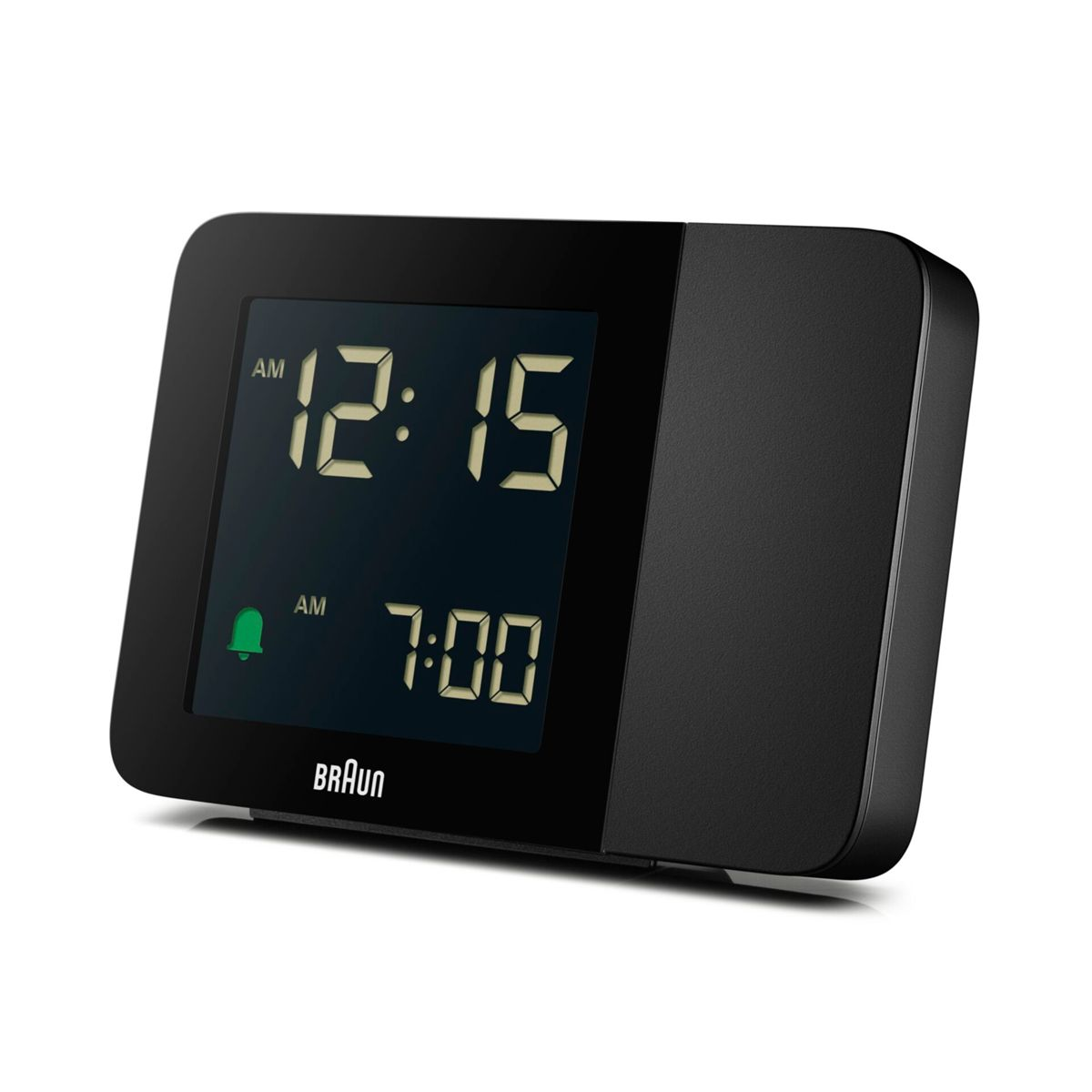 Reloj despertador negro muestra 12:15 y 7:00, con icono de campana.