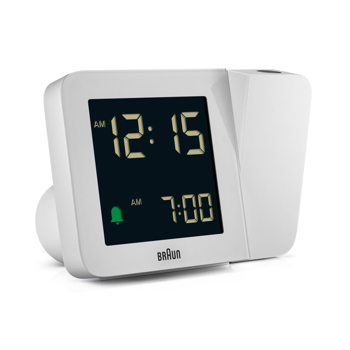 Un despertador de proyección Braun blanco muestra 12:15 AM y 7:00 AM.
