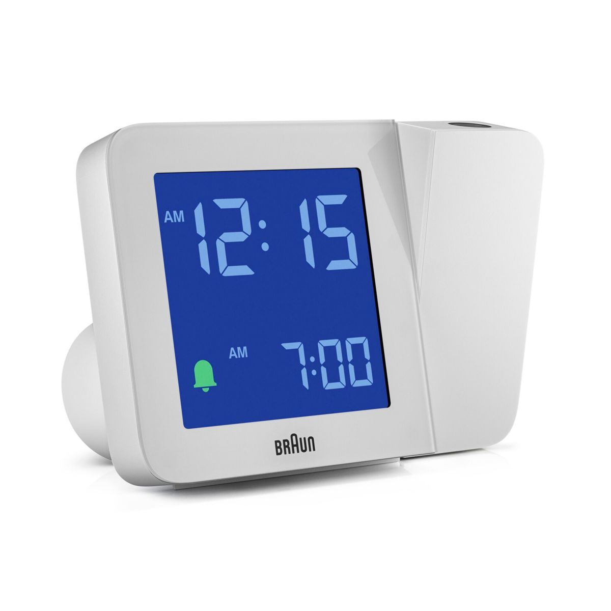 Un despertador blanco con dígitos azules muestra las 12:15 y las 7:00.