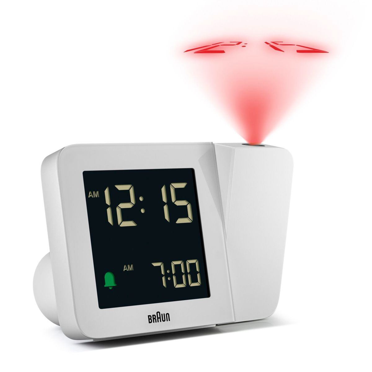 Reloj despertador Braun blanco con pantalla digital que muestra 12:15 y 7:00. Luz roja se proyecta desde arriba.