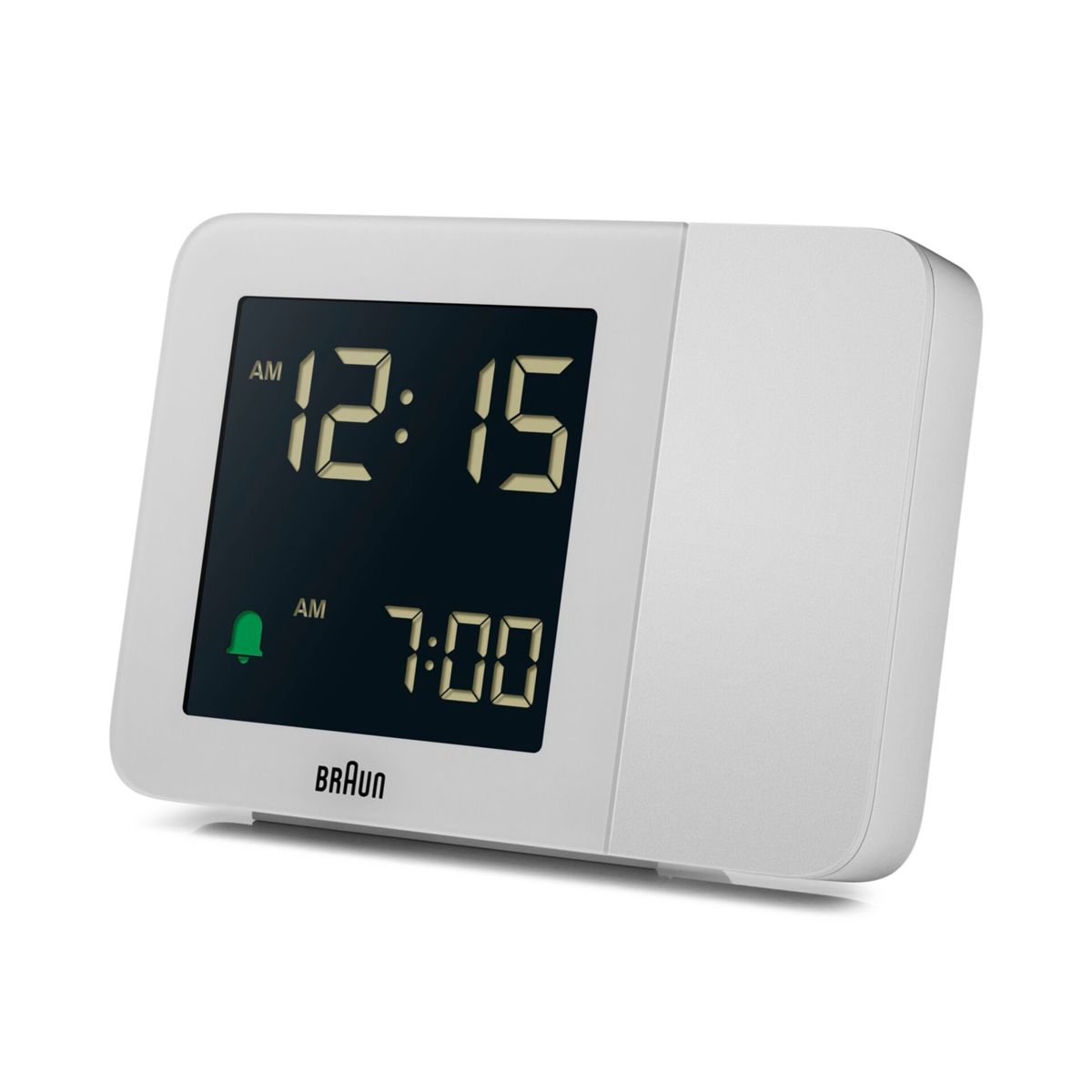 Un despertador digital blanco muestra 12:15 y 7:00. Hay un icono de campana verde.