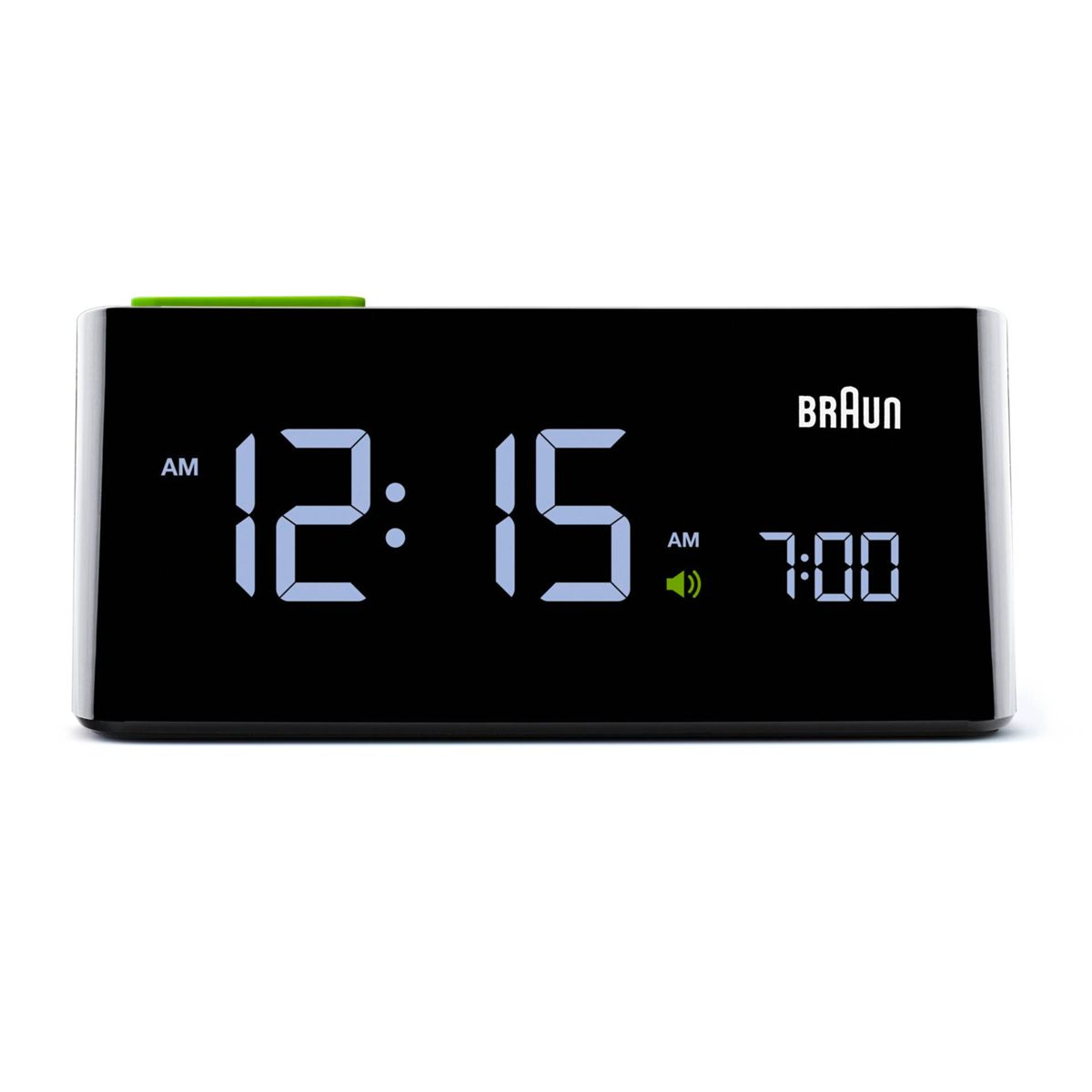 Un despertador digital Braun muestra 12:15 y 7:00.