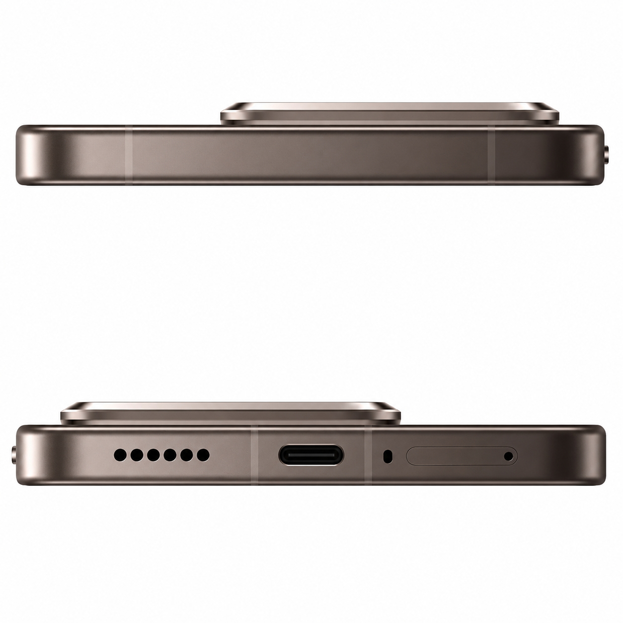 Primo piano del lato di uno smartphone, con porta di ricarica e griglie altoparlanti.