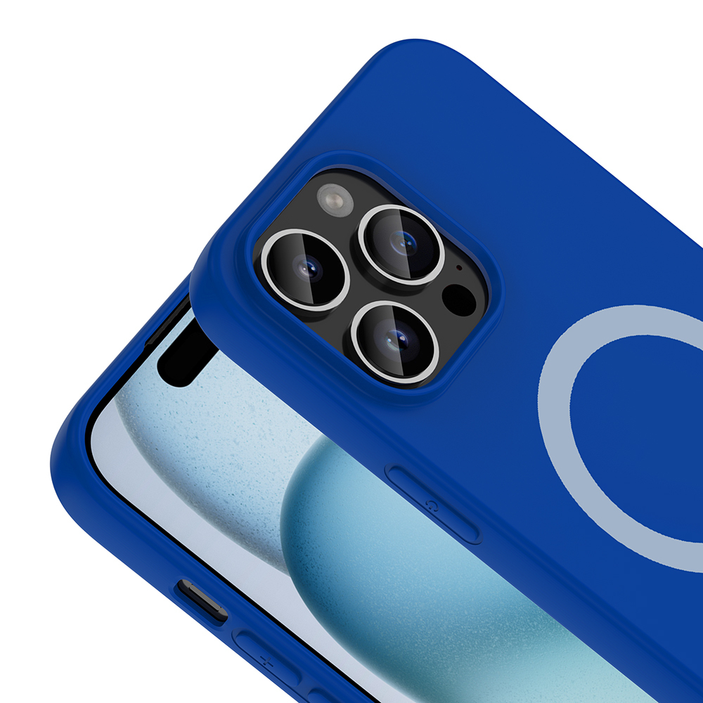 Üç kamera lensi ve beyaz halkası olan mavi telefon kılıfı.