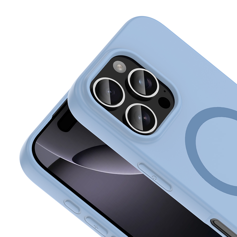 Üçlü kamera ve MagSafe halkalı mavi telefon kılıfı.