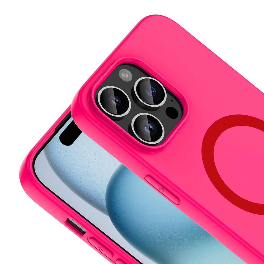 Kamera çıkıntısı ve kırmızı halkası olan parlak pembe telefon kılıfı.