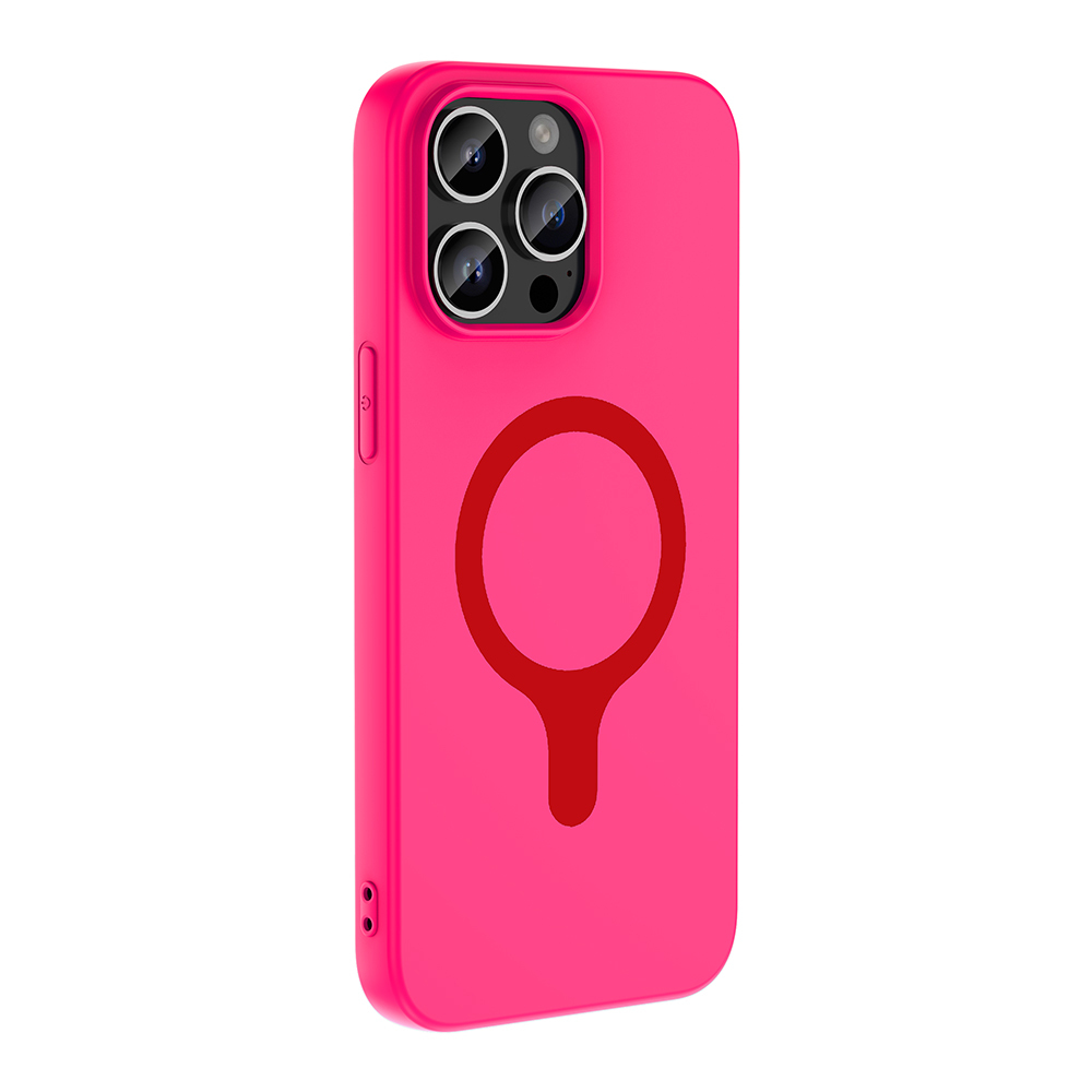 Üç kamera lensi ve kırmızı manyetik halka bulunan parlak pembe telefon kılıfı.