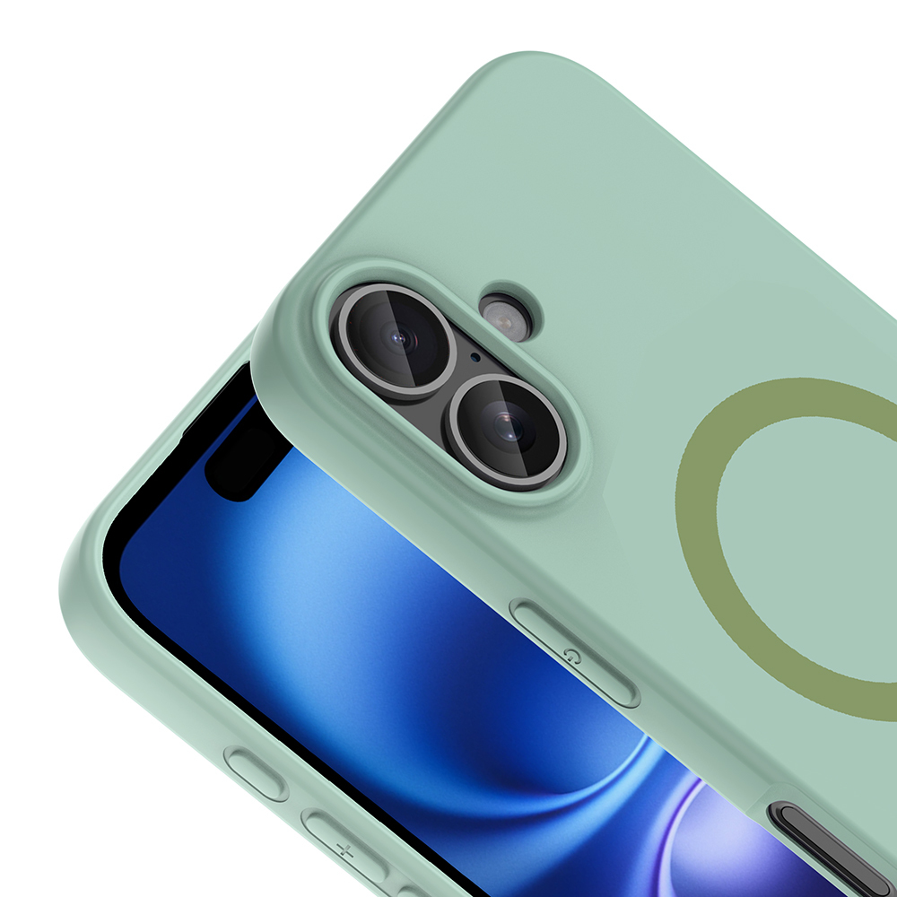 Çift kameralı ve halka tasarımlı açık yeşil telefon kılıfı.