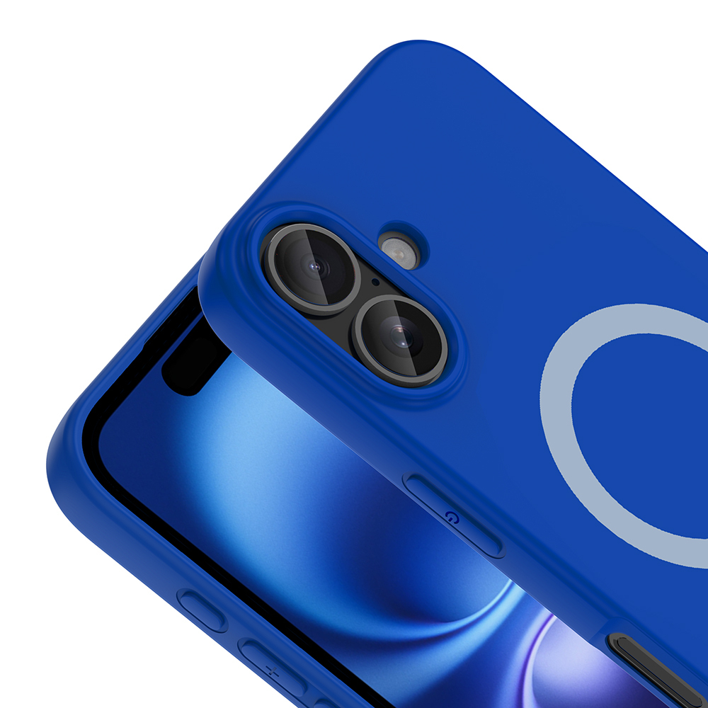 Beyaz arka plan üzerinde iki kameralı ve halkalı mavi telefon kılıfı.