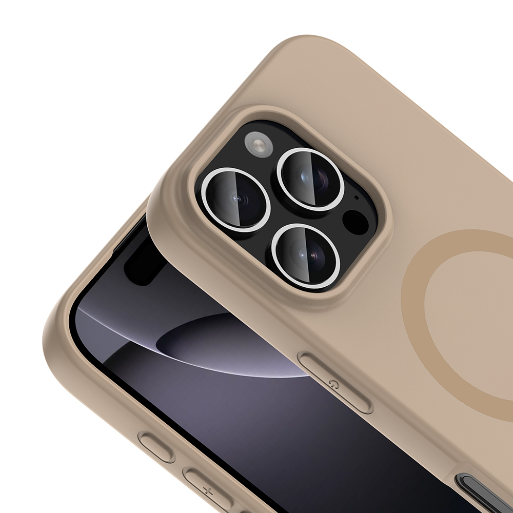 Kamera kesimli ve manyetik halkalı bej telefon kılıfı.