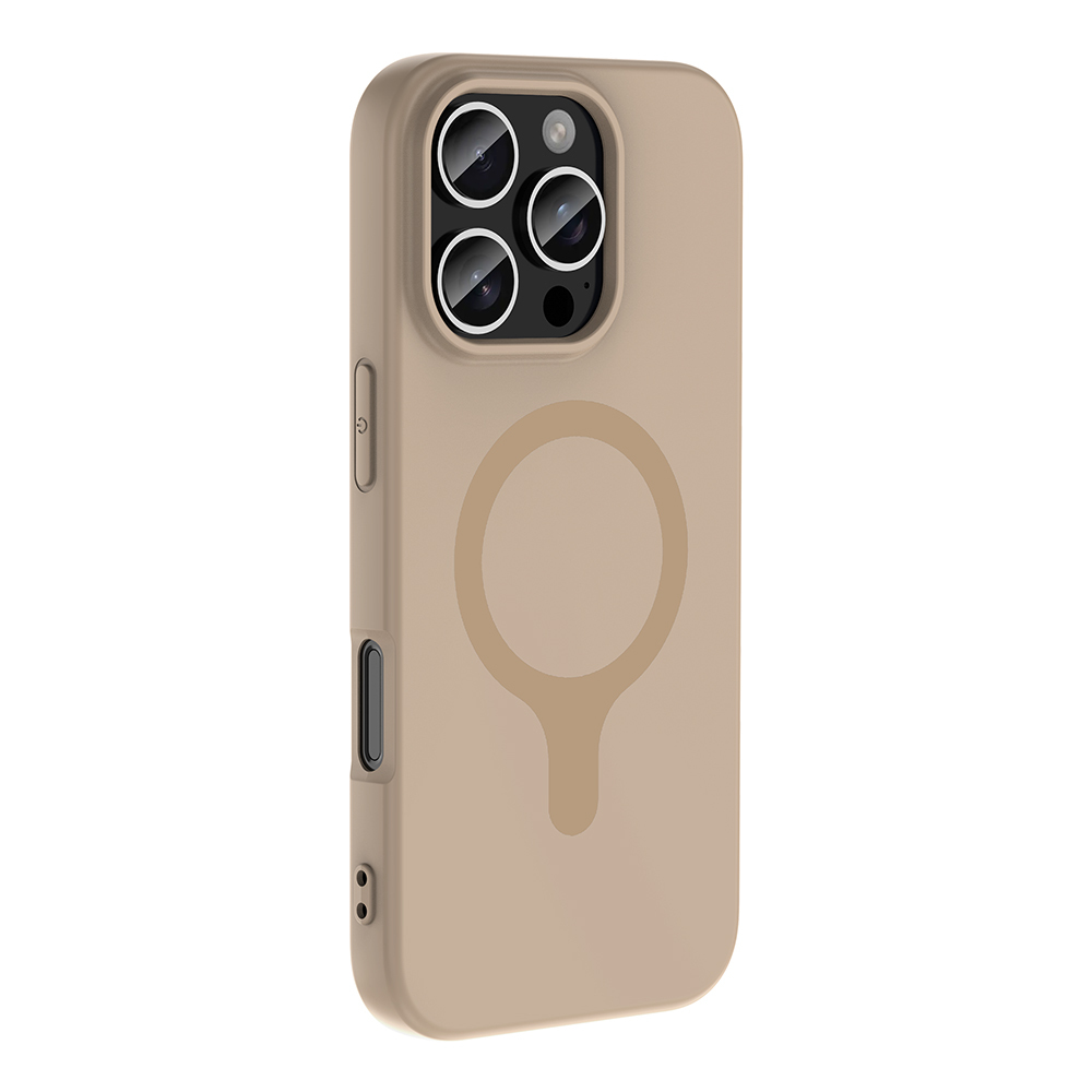 Kamera kesimli ve manyetik halkalı bej telefon kılıfı.
