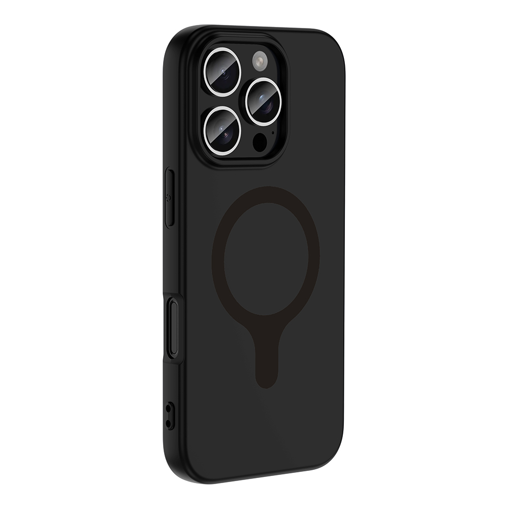 Üç kamera lensli ve manyetik halkalı siyah telefon kılıfı.