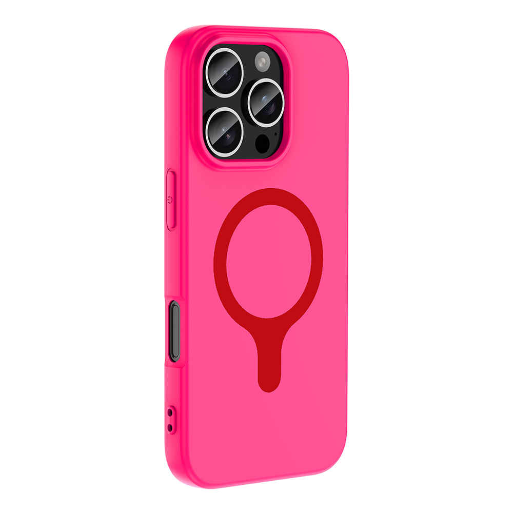 Üç kamera lensi ve kırmızı bir daire sembolü olan parlak pembe telefon kılıfı.