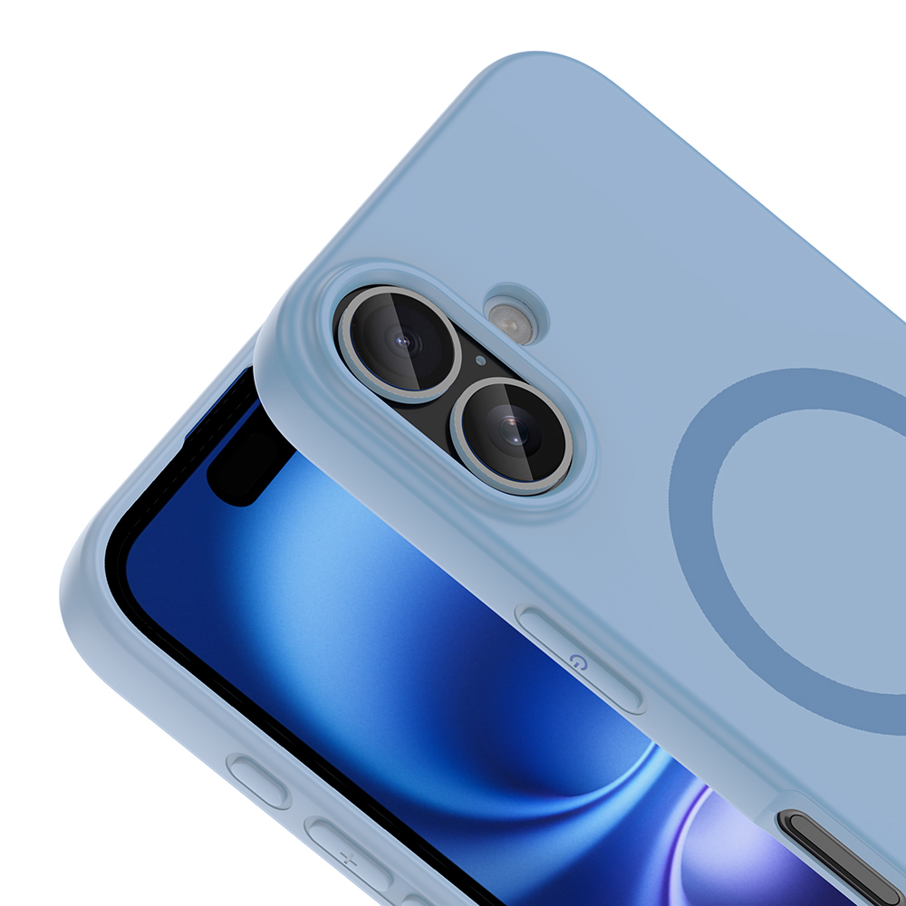 Kamera kesimi ve manyetik halkalı açık mavi telefon kılıfı gösteriliyor.