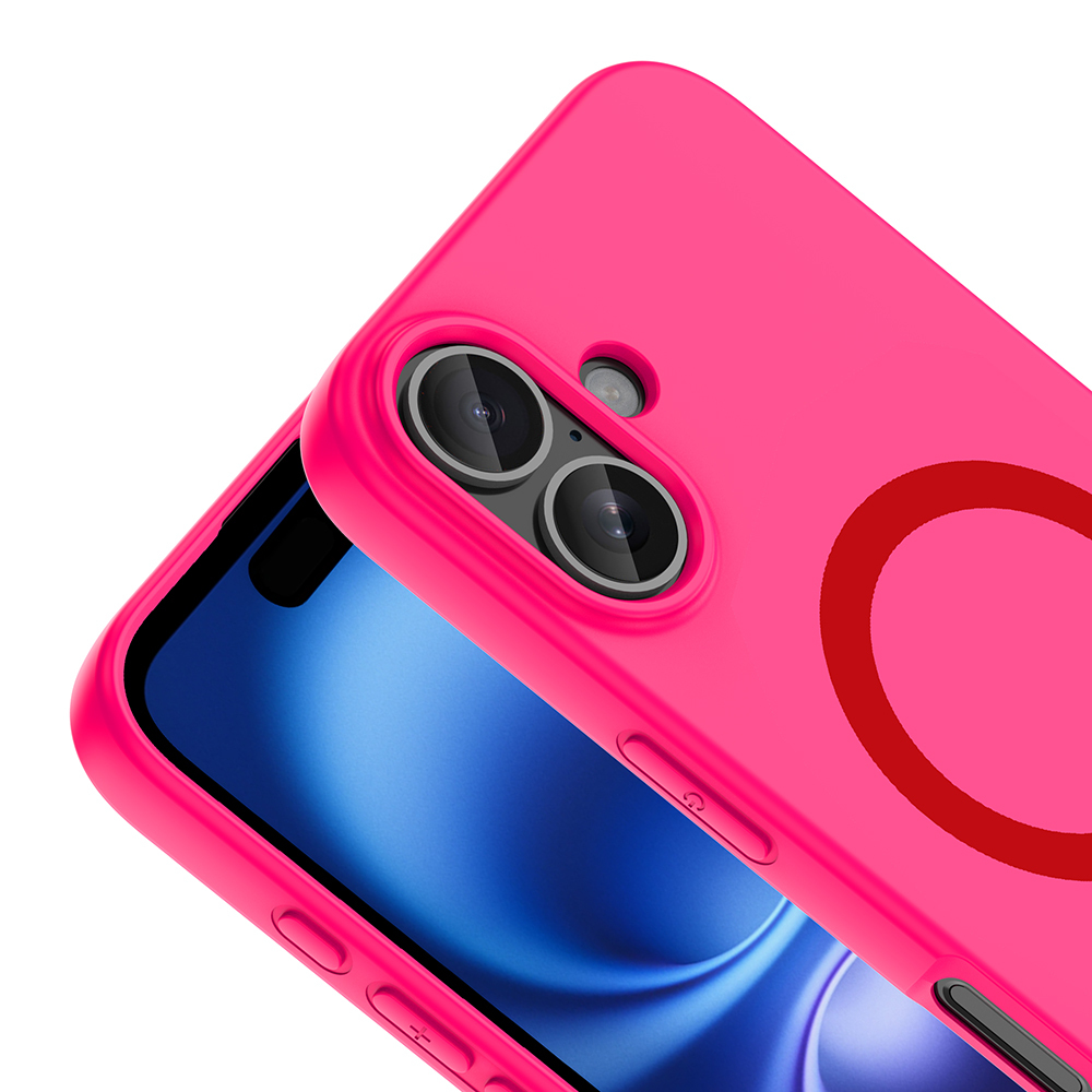 Çift kamera kesimli, kırmızı halkalı pembe telefon kılıfı. Beyaz arka plan.