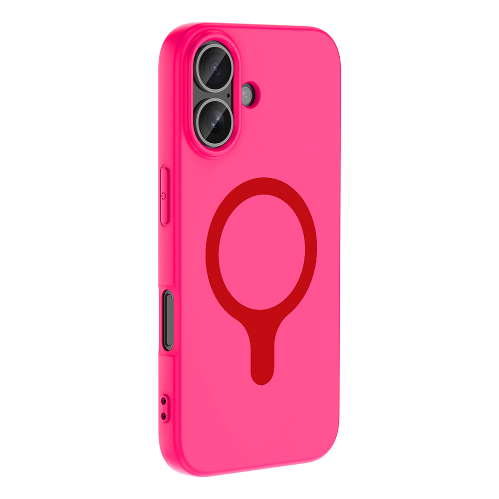 Kırmızı kamera oyuntuları ve kırmızı daire sembolü olan parlak pembe telefon kılıfı.