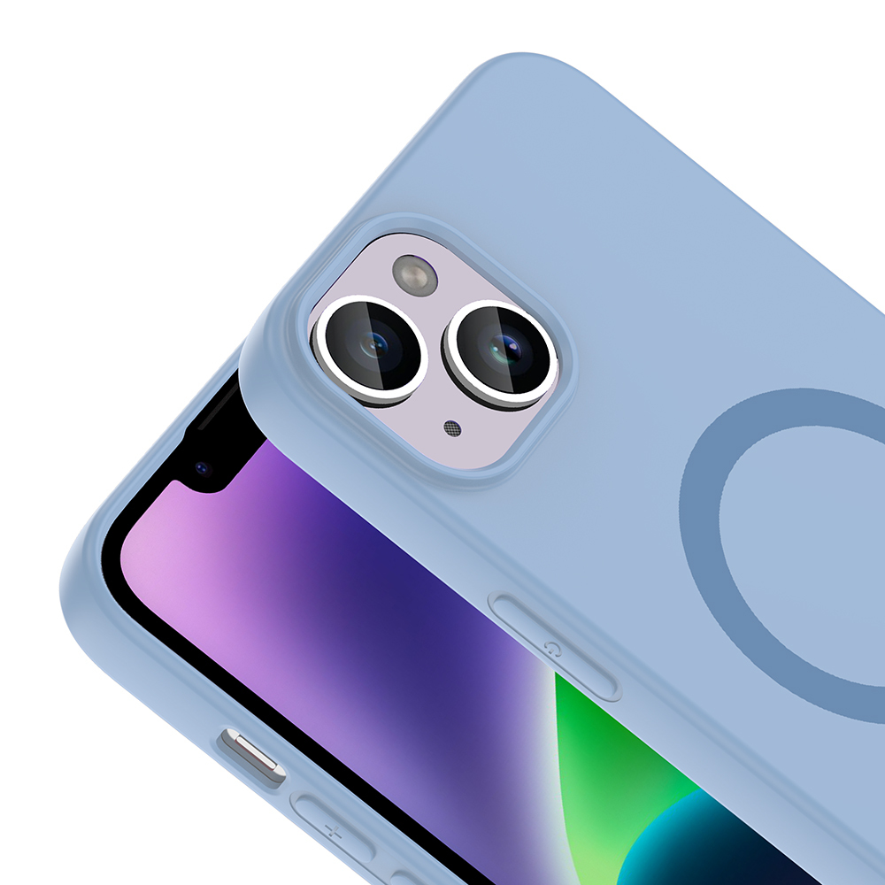 Arkada kamera kesiği ve manyetik halkası olan açık mavi telefon kılıfı.