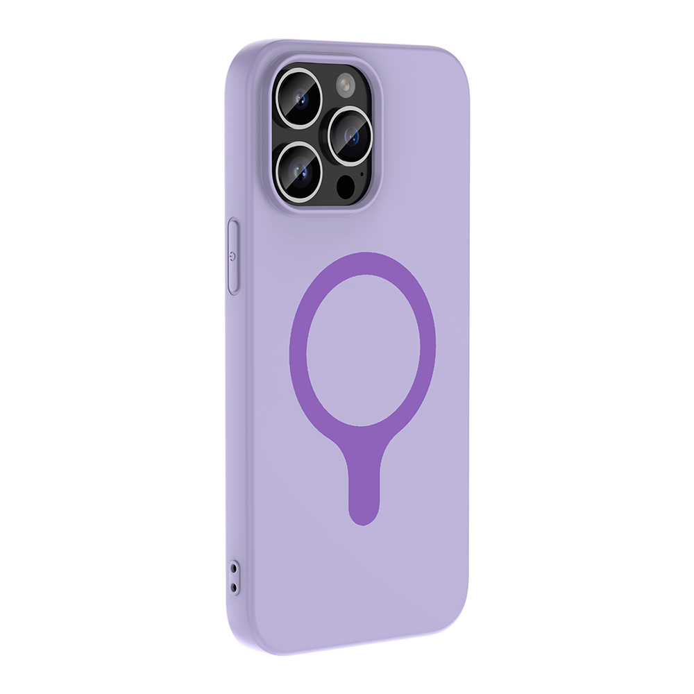 Arkada dairesel deseni olan mor bir telefon kılıfı.
