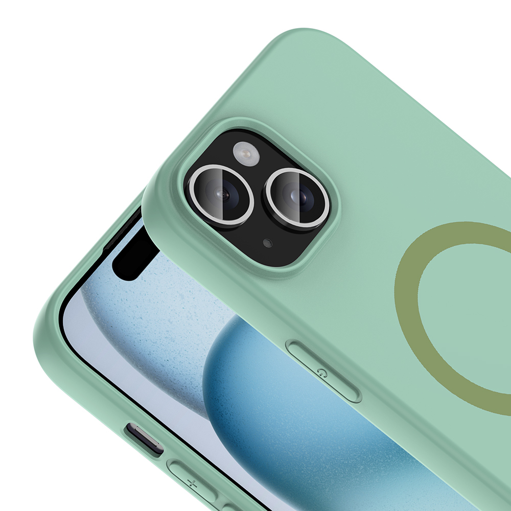 İki lensli, yeşil telefon kılıfı ve dairesel tasarım.
