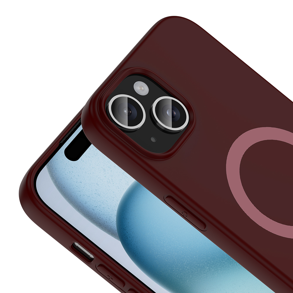 İki lensli ve halka detaylı koyu kırmızı telefon kılıfı.