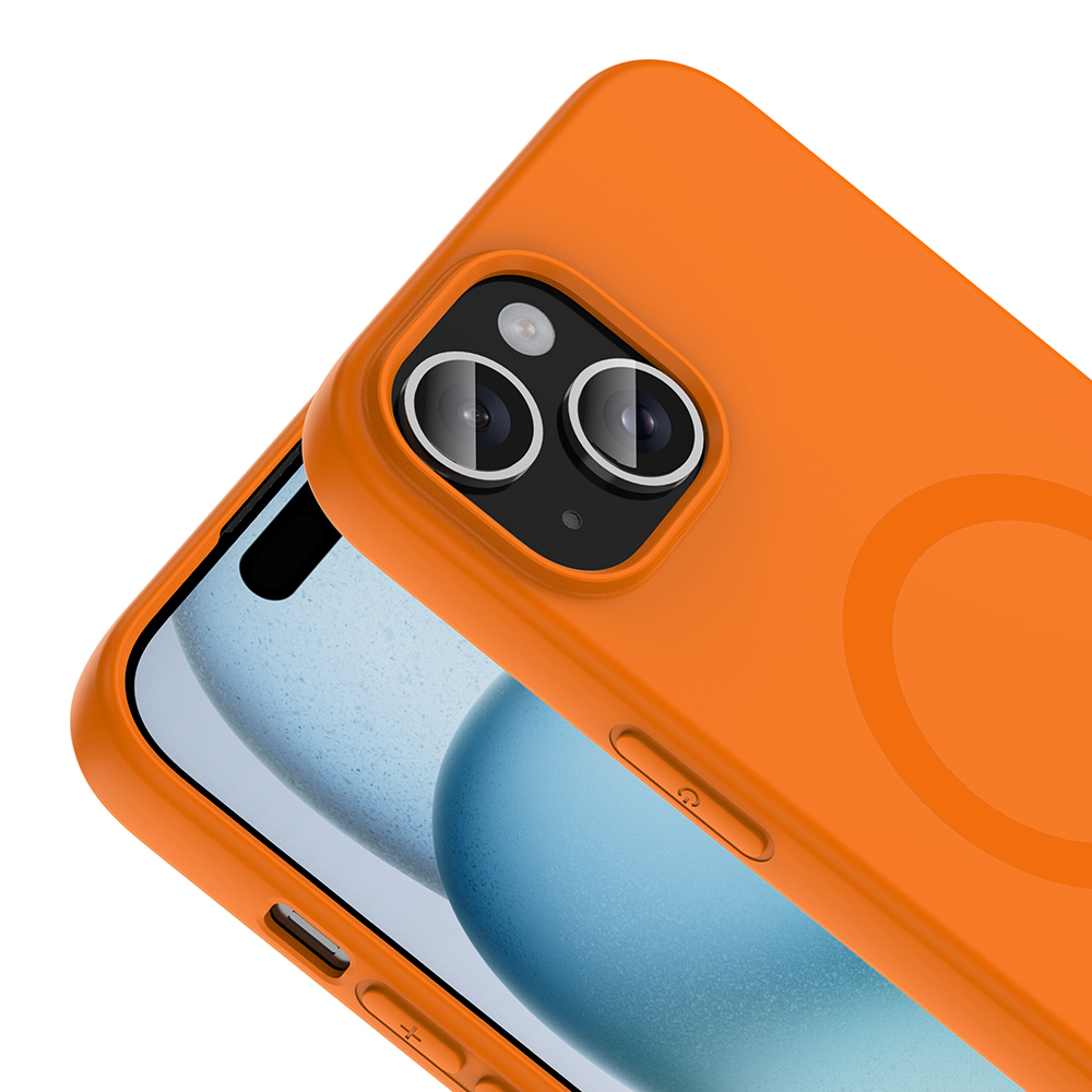 İki kamera lensli ve dairesel manyetik halkalı turuncu telefon kılıfı.