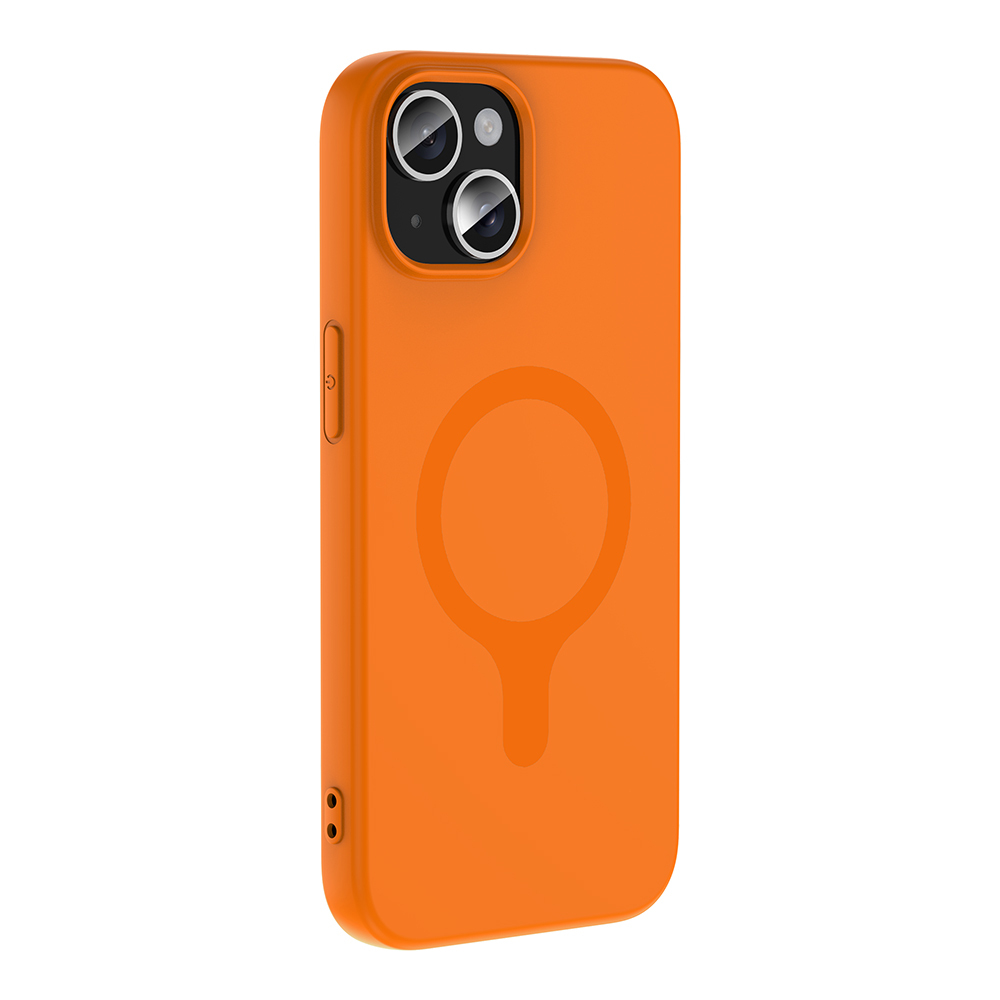 Arkada dairesel desenli ve kameralı turuncu telefon kılıfı.