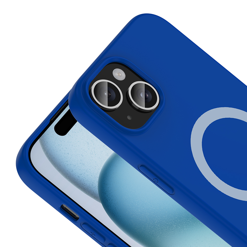 İki kamera lensi ve bir daire içeren mavi telefon kılıfı.
