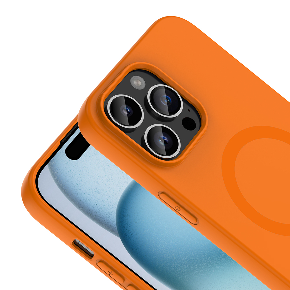 Kamera modülü ve düğmeleri olan turuncu telefon kılıfı.