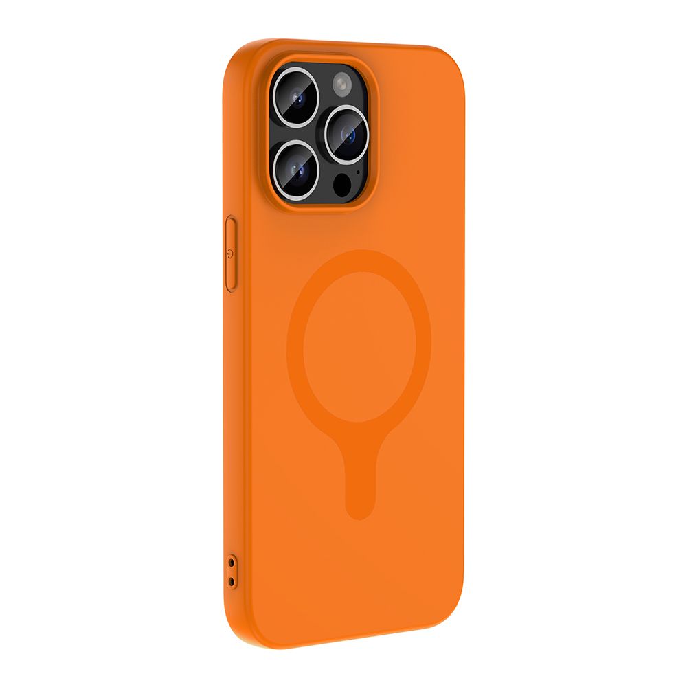 Üç kamera lensli ve manyetik halkalı turuncu iPhone kılıfı.