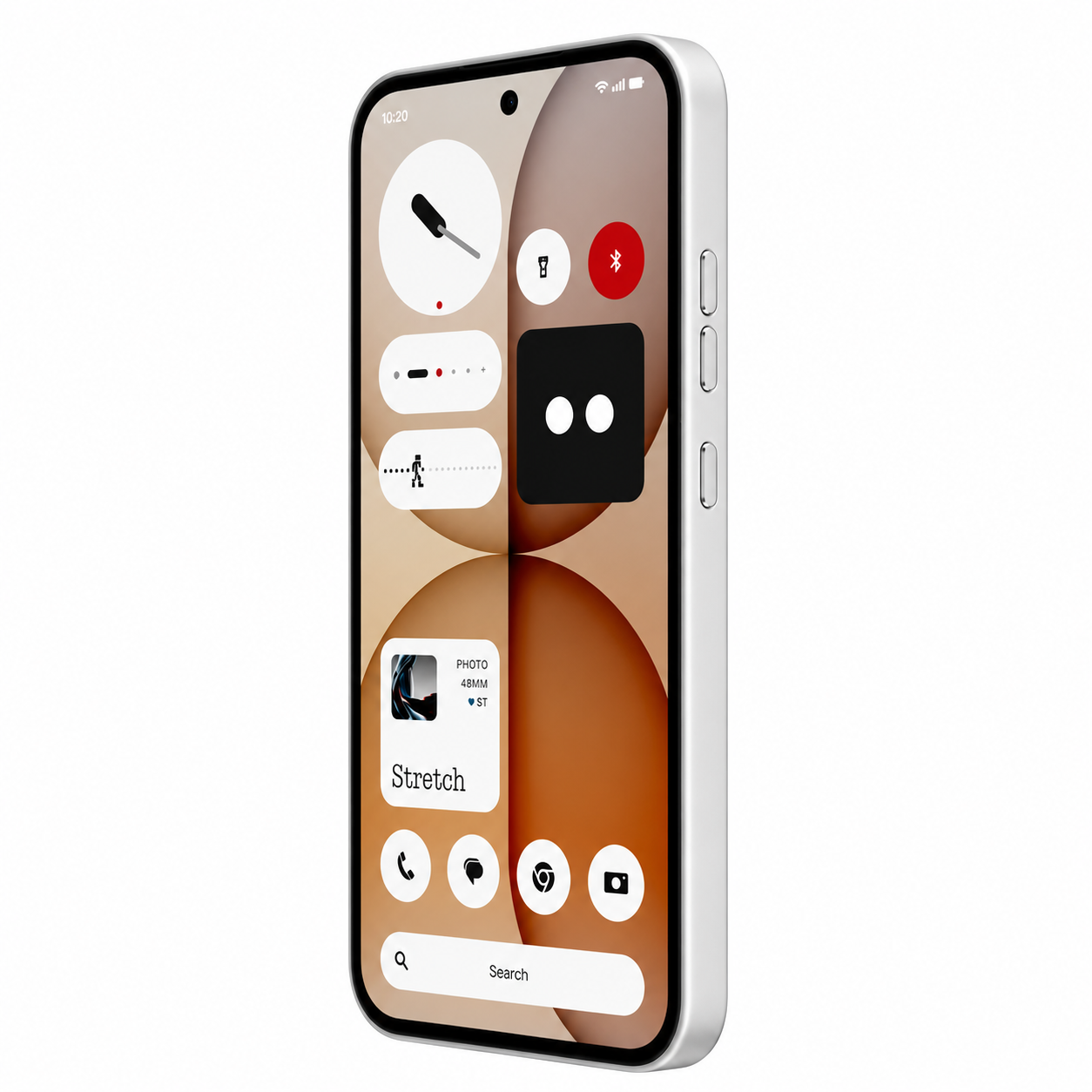 Uno smartphone bianco mostra widget: cacciavite, volume, Bluetooth, foto e barra di ricerca.