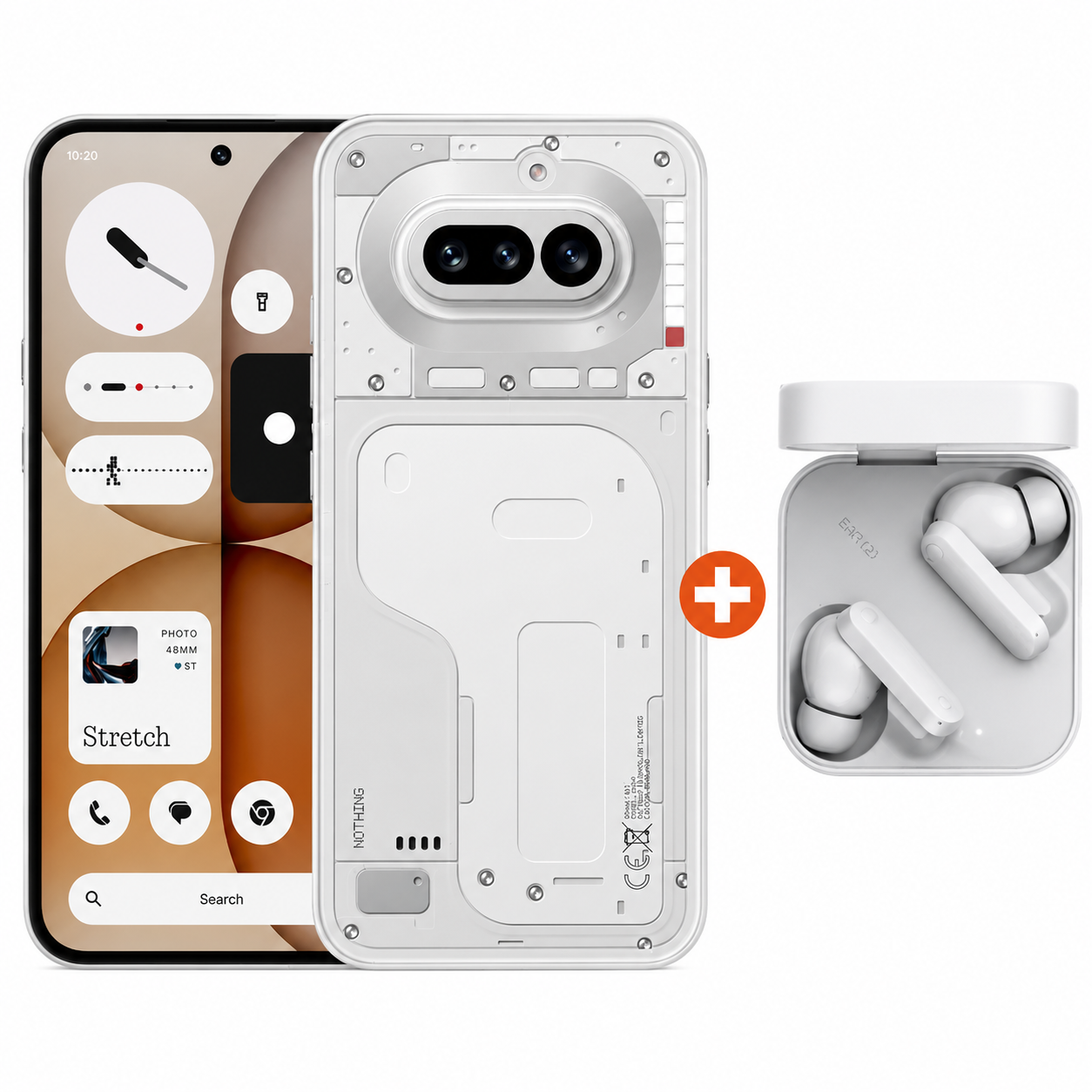 Uno smartphone bianco con design posteriore trasparente, auricolari e un simbolo più.