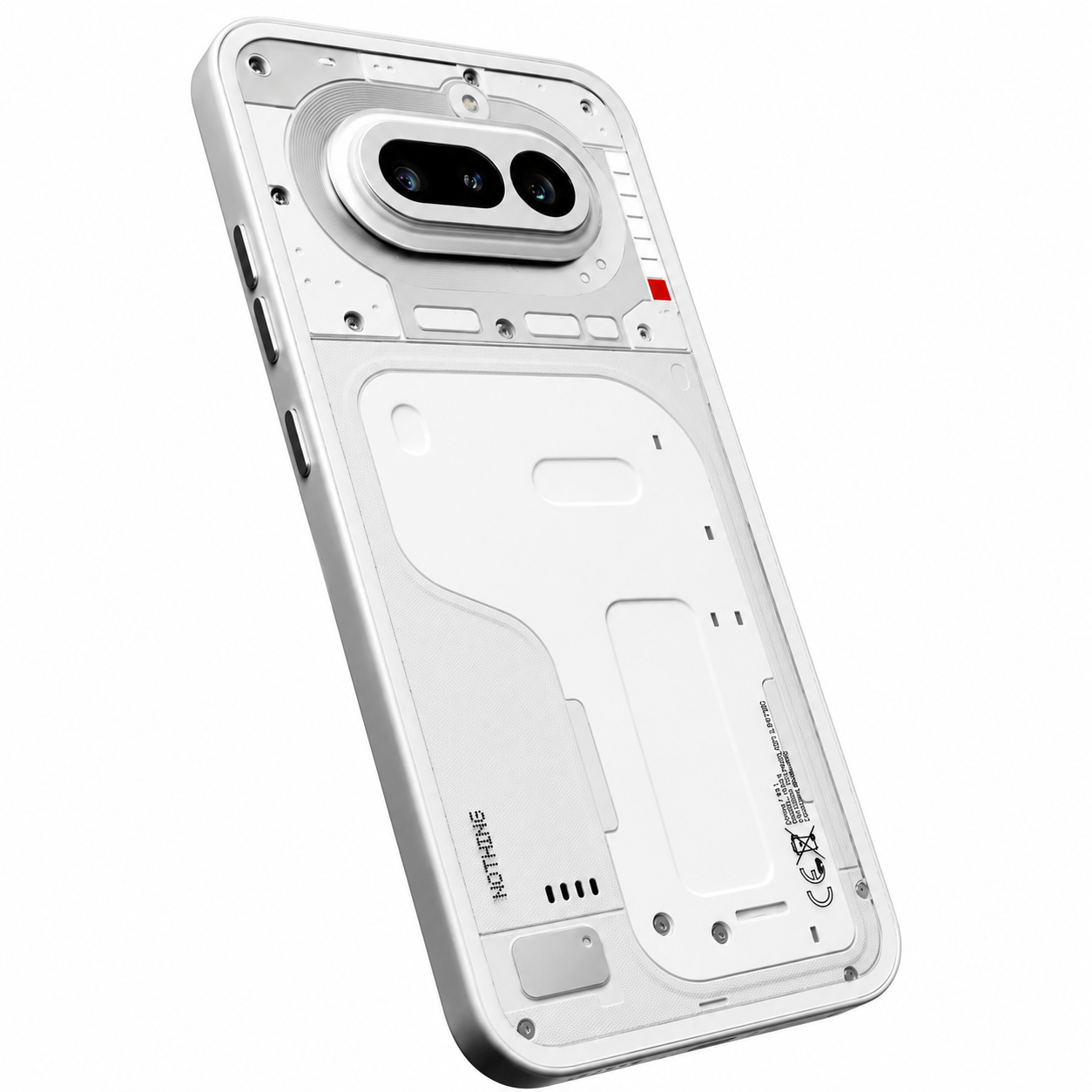 Retro di uno smartphone bianco con custodia trasparente che mostra i componenti interni.