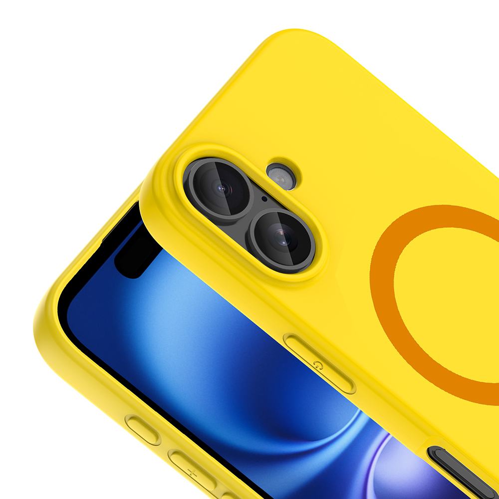 Çift kameralı sarı telefon kılıfı ve turuncu halka detayı.