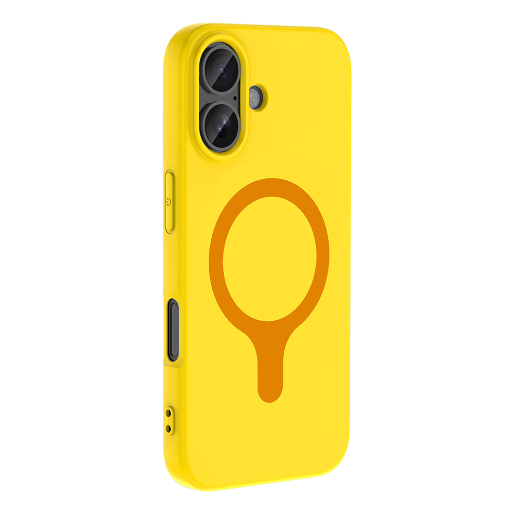 Arkada çift kameralı ve turuncu halka tasarımlı sarı telefon kılıfı.