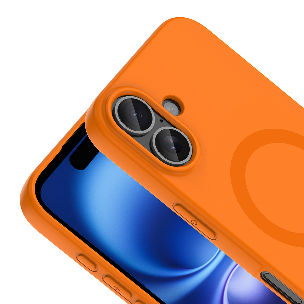Kamera kesimli ve halkalı turuncu telefon kılıfı.