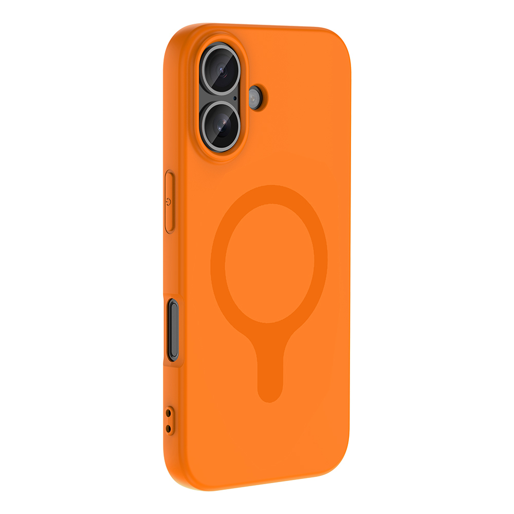 İki kameralı ve manyetik halkalı turuncu telefon kılıfı.