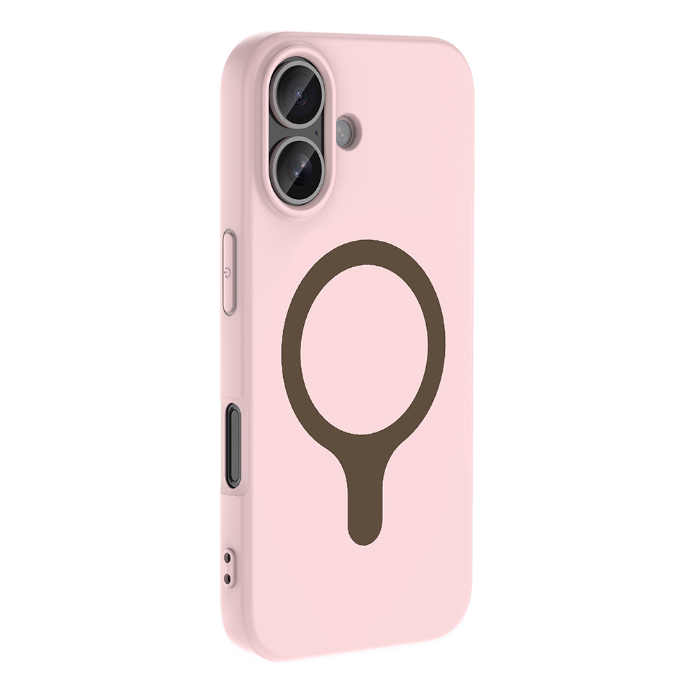 İki kamera lensli ve saplı kahverengi dairesi olan pembe telefon kılıfı.
